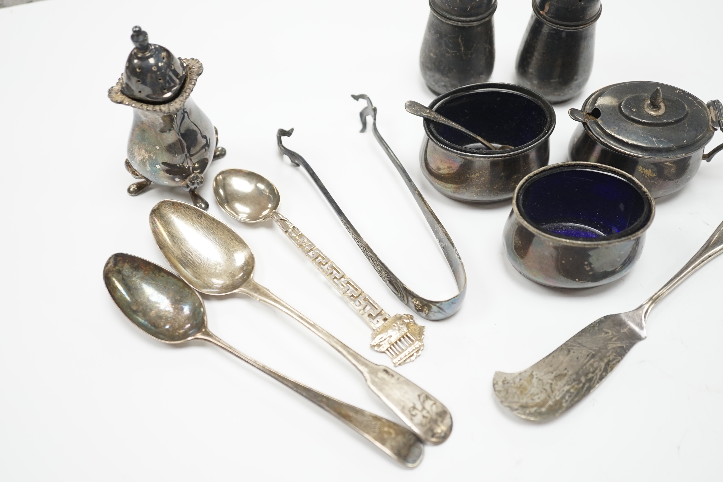 A small group of assorted silver condiments and sundry silver and silver plated flatware, some boxed.